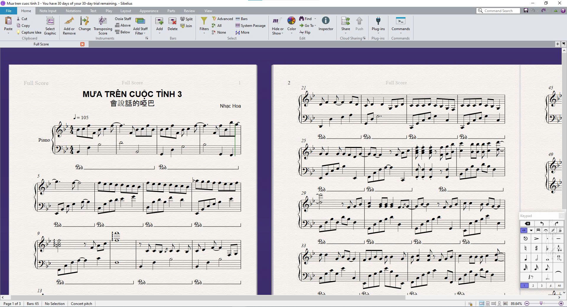 Tải Sibelius Ultimate 2025 cho MacOS & Windows Mưa trên cuộc tình piano sheet